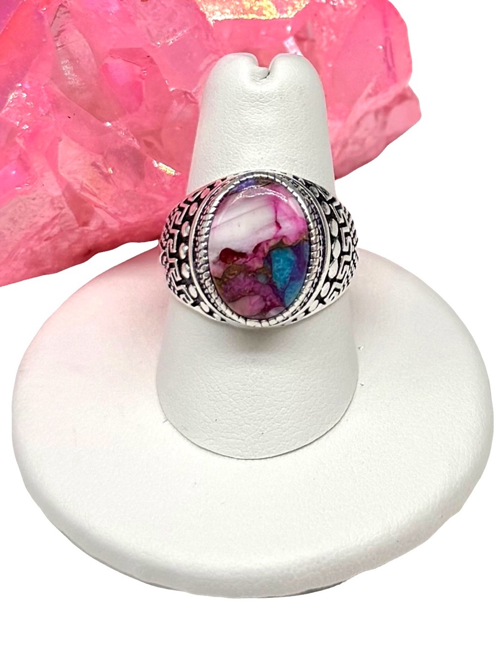 Kingman Pink Dahlia Turquoise Ring Size 8 925 Sterling Silver Plated